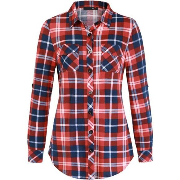 Plaid Button Down Shirt Womens Long Sleeve Collared Roll Up Stretchy Top - Picture 2 of 7